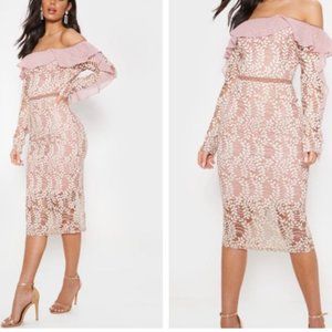 NEW PrettyLittleThing Dusty Pink Bardot Lace Frill Sleeve Midi Dress P4705